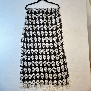 Black White Skull Print Scarf Goth Fringe Unisex Lightweight